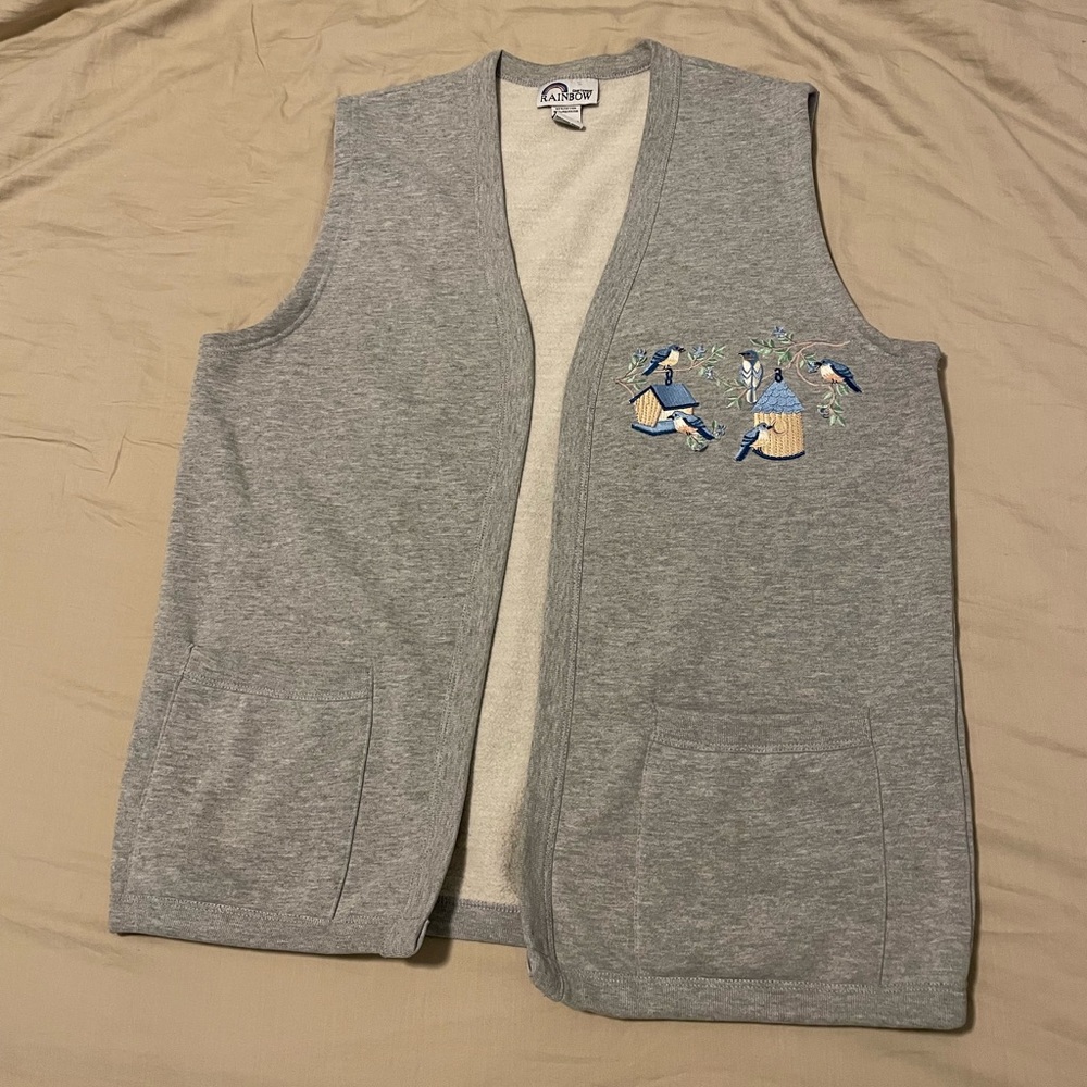 Vintage 1990s Bird and Floral Embroidered Grey Sweat Vest Women’s Large